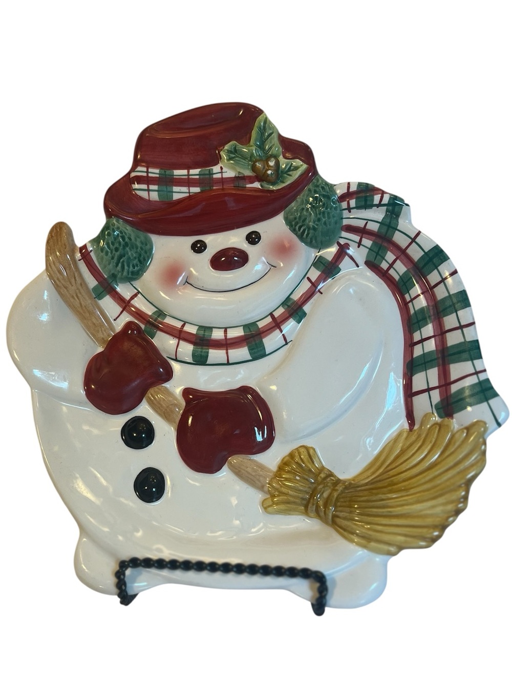 Friendly and Jolly Snowman Holding a Broom Decorative Plate by Fitz and Floyd.